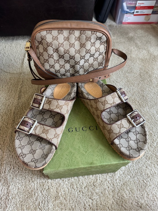 Gucci Shoes - Gucci Beige and Brown Monogram Crossbody Bag with Matching Sandals